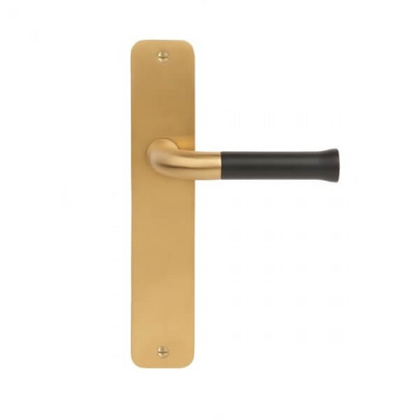 NOUR deurkrukken op langschild, PVD mat goud/ zwart