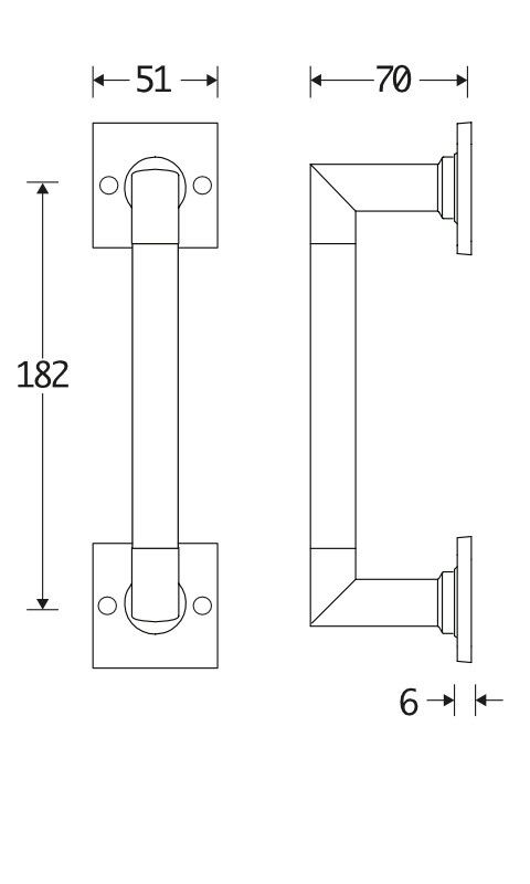 Bauhaus deurgreep op vierkant rozet 182mm, messing ongelakt