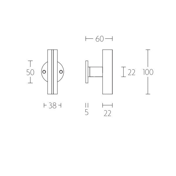 PBT22V/50 T-model vaste knop op rozet, RVS mat/eiken zwart