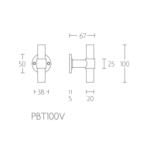 PBT100V voordeurkn. T-100mm incl.wis.stift deur40mm, RVS mat