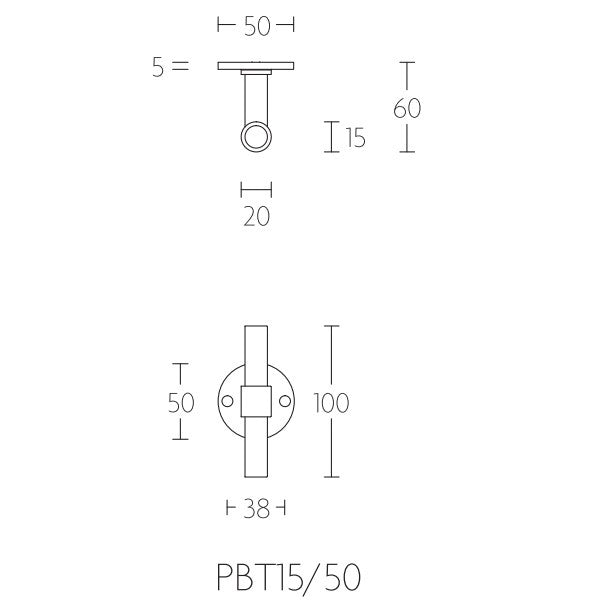 PBT15/50 deurkrukken T-model 15 mm geveerd op rond rozet, zwart