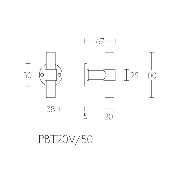 PBT20V vaste (kast)knop op 5 mm rozet, mat zwart