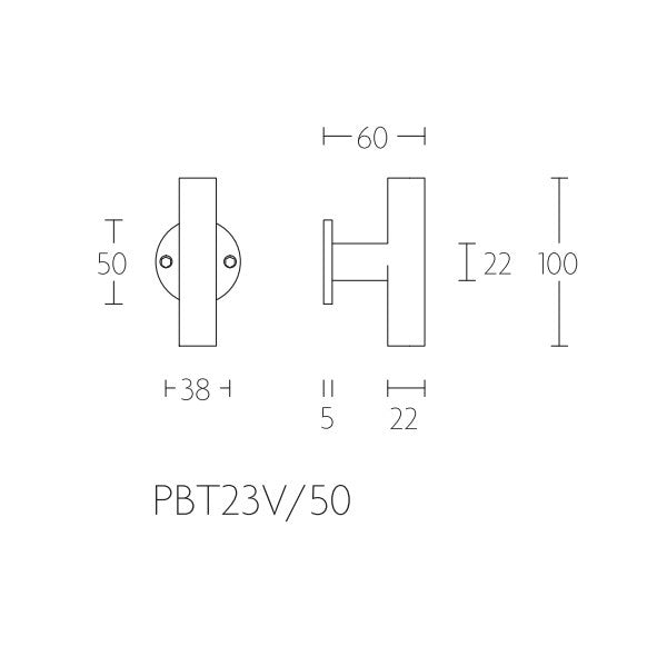PBT23V/50 T-model vaste knop op rozet, RVS mat