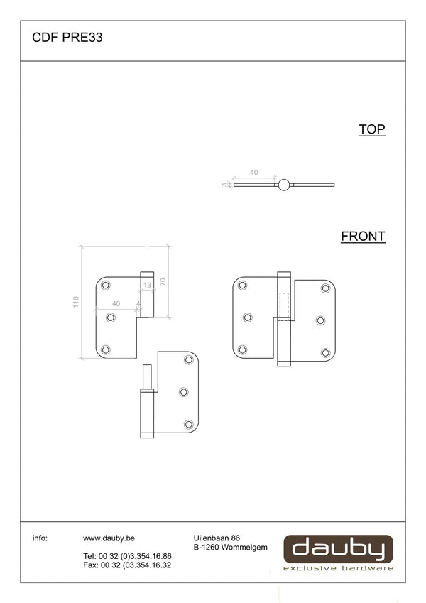 CDF paumelle scharnier platkop rechts 80 x 80 mm,roest epoxy